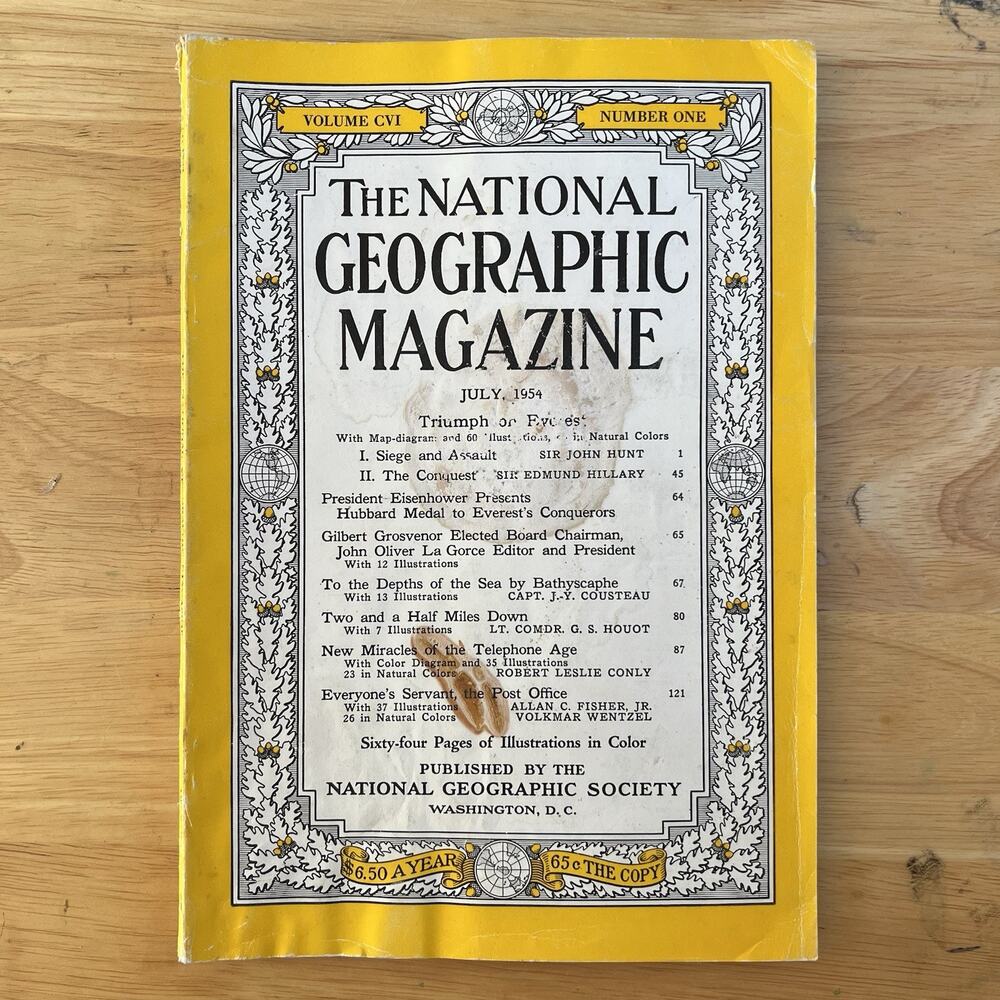 National Geographic July 1954 Mt Everest Sea Diving Telephone USPS Post Office